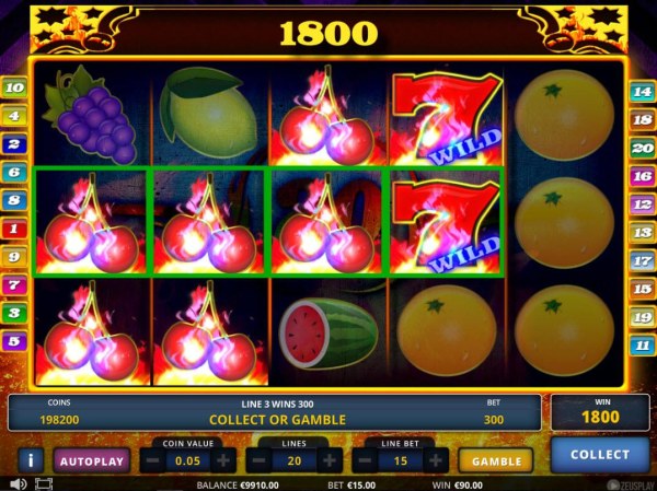 Flaming cherry symbols triggers an 1800 credit jackpot by Casino Codes
