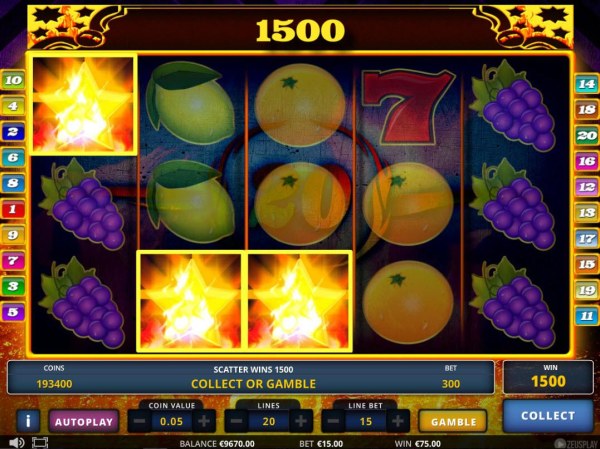 Casino Codes - Yellow star scatter symbols triggers a 1500 credit award.