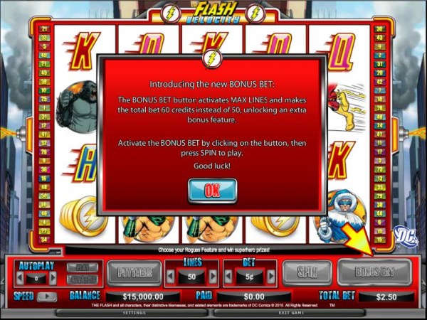 The bonus bet button activates max lines and makes the total bet 60 credits instead of 50, unlocking an extra bonus feature - Casino Codes