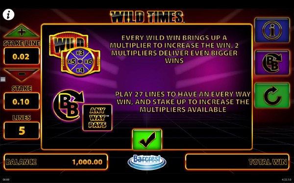 Every Wild win brings up a multiplier to increase the win. 2 multipliers deliver even bigger wins. Play 27 lines to have an every way win, and stake up to increase the multipliers available. - Casino Codes