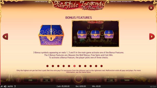 3 bonus symbols appearing on reels 1, 3 and 5 in the main game activate one of the bonus features. - Casino Codes
