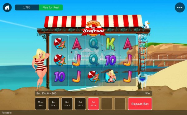 A beach holiday themed main game board featuring five reels and 4 paylines with a $4,000 max payout - Casino Codes
