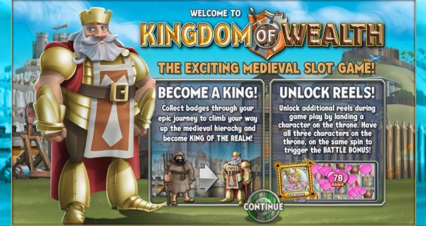 The exciting Medieval slot game! Become a king! collect badges through your epic journey to climb your way up the medieval hierachy and become king of the realm. Unlock Reels! Unlock additional reels during game play by landing a character on the throne. 