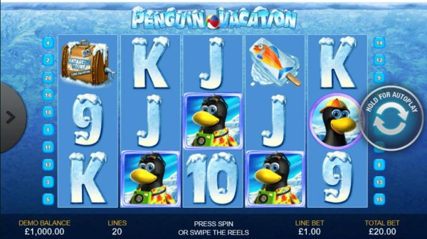 An artic vacation themed main game board featuring five reels and 20 paylines with a $10,000 max payout by Casino Codes