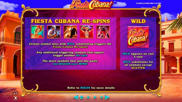 Casino Codes - Certain symbol wins with WILD substituting triggers the Fiesta Cubana Re-Spins!