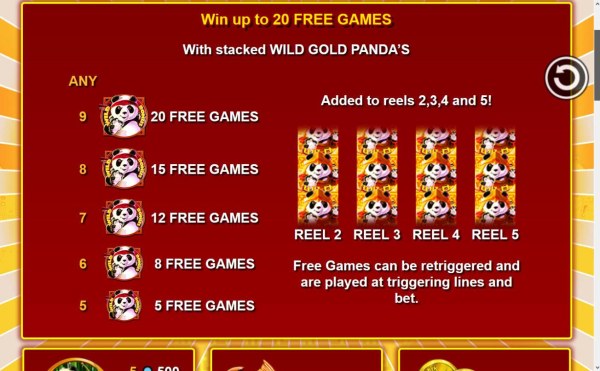 Win up to 20 free games with stacked wild gold pandas. - Casino Codes