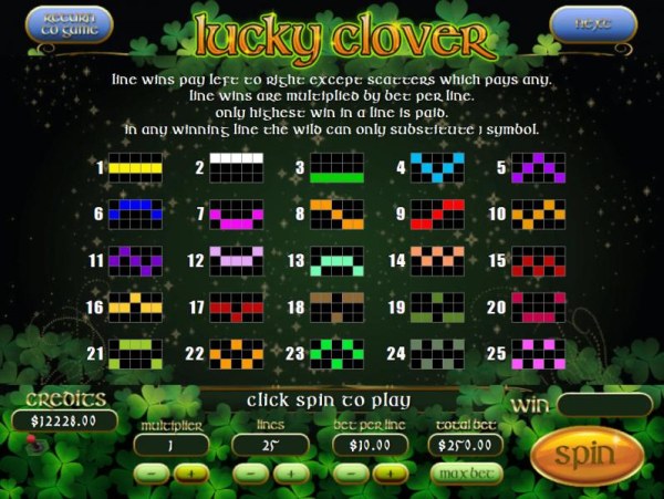 Casino Codes - Payline Diagrams 1-25 Line wins pay left to right except scatters which pays any.