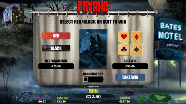 Gamble feature is available after each winning spin. Select color or suit to play. - Casino Codes