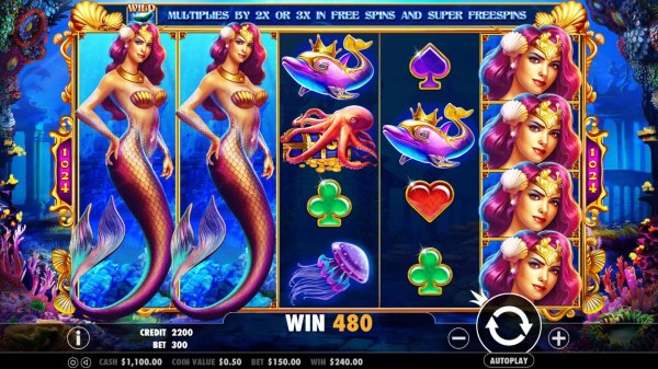 Casino Codes - A pair of expanded mermaid symbols on reels 1 and 2 lead to a 480 coin payout.